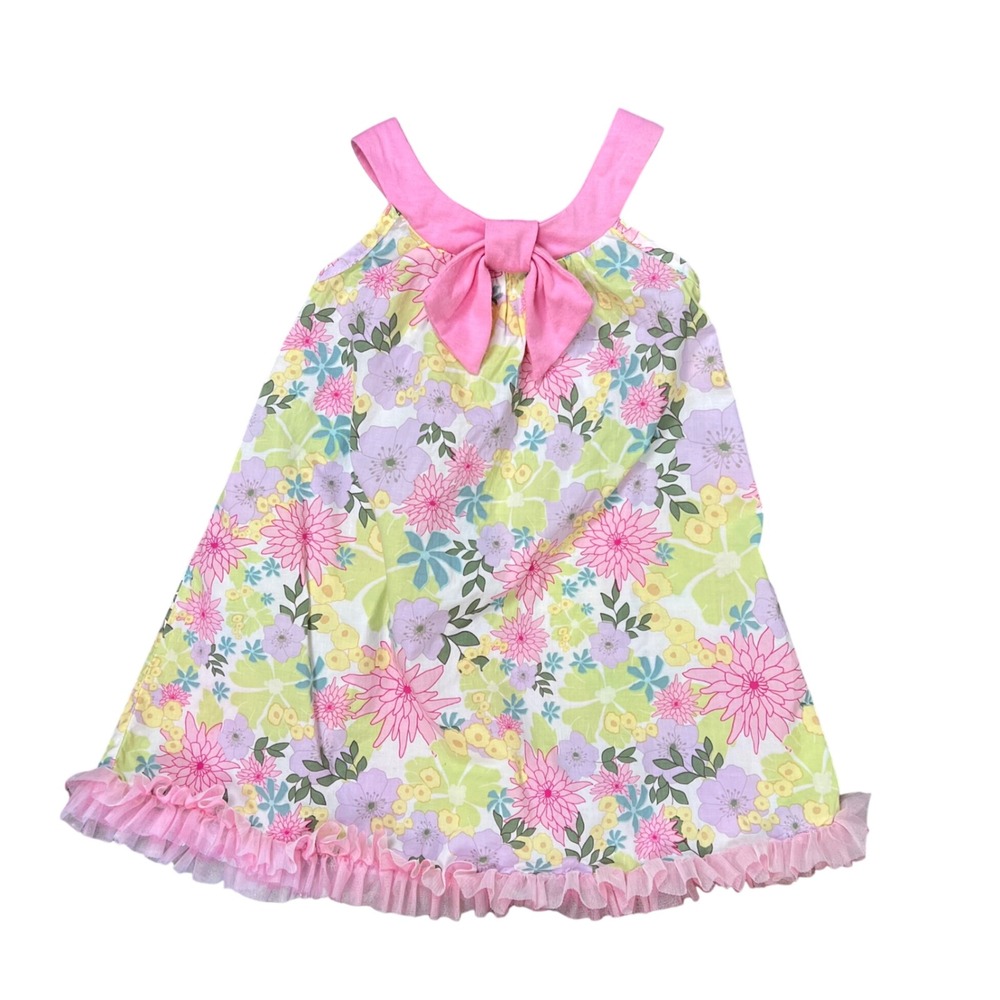 Cachcach Girls Floral Bow Neck Tulle Ruffle Hem Dress Pink Green Size 4